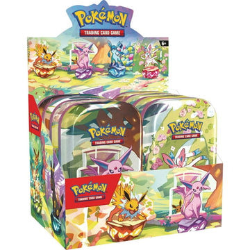 Pokemon Prismatic Evolutions Mini Tin Display Box (8 Tins Included)
